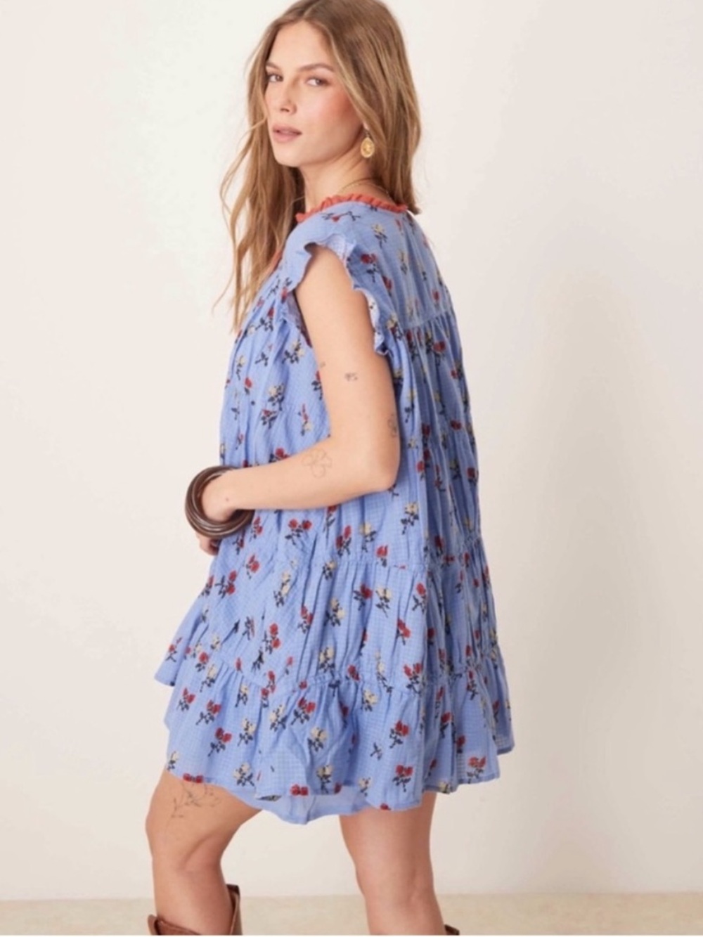 Free People Light Blue Floral Tiered Mini Dress